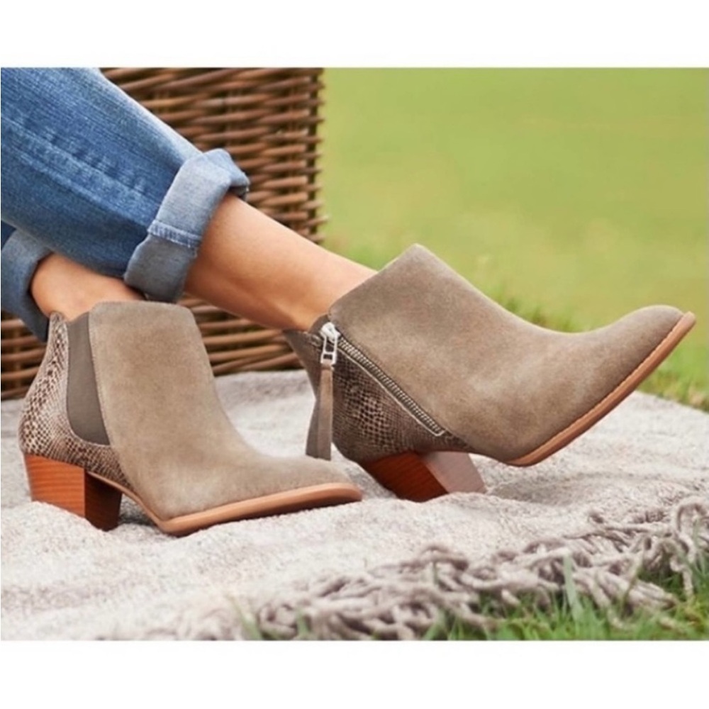 Vionic Anne Gray Taupe Suede Leather Ortho Comfort Snakeskin Ankle Boots 9.5